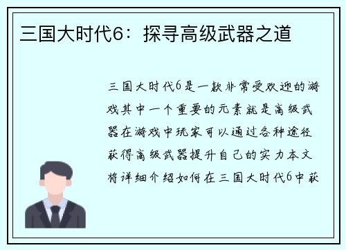 三国大时代6：探寻高级武器之道